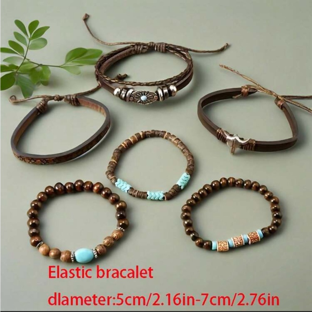 Western Rustic Boho Leather & Turquoise Bracelet Set Women’s or Mens Set of 6 - Picture 2 of 4